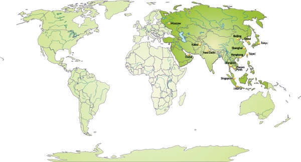 Kort over Asien med hovedstæder i grøn - Royalty Free Image #10629239