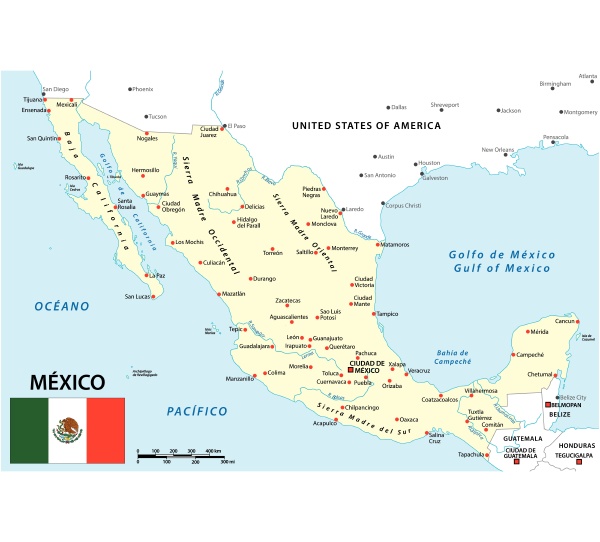 kort over mexico med nationale graenser