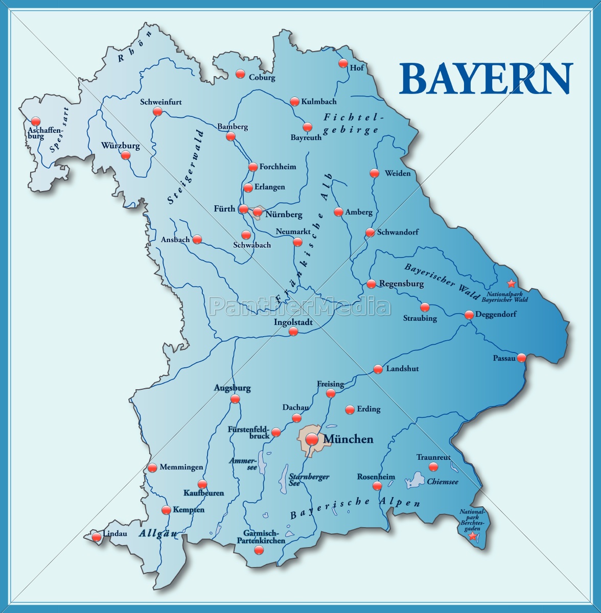 kort over bayern som et oversigtskort i blå - Stockphoto 10635159