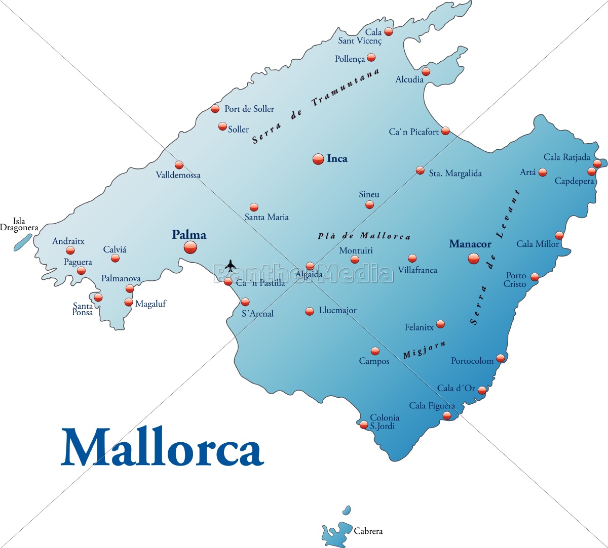 Kort Over Mallorca kort over mallorca som et oversigtskort i blå   Stockphoto  Kort Over Mallorca